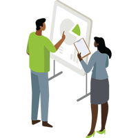 Two professionals discussing over a presentation