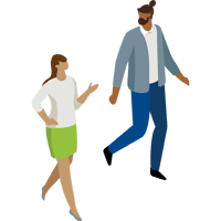 Professional man and woman walking and talking